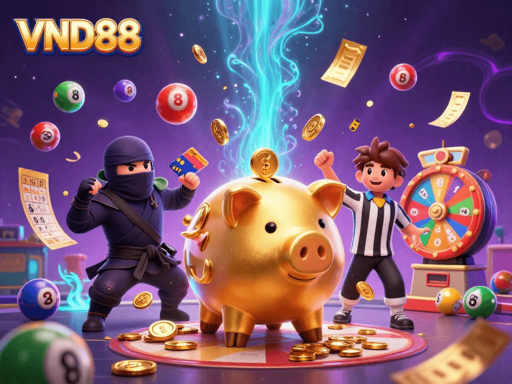 Experience gaming excitement at VND88 with the golden sumo wrestler and animated lottery elements.