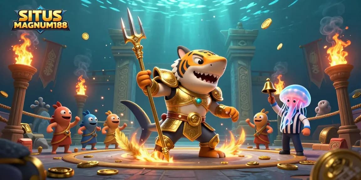 SITUS MAGNUM188 features an exciting underwater casino scene with a shark gladiator and slot elements.