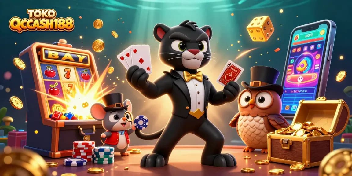 TOKO QQCASH188 showcases thrilling gaming moments with a stylish panther dealing cards, surrounded by vibrant slot machine elements and poker action.