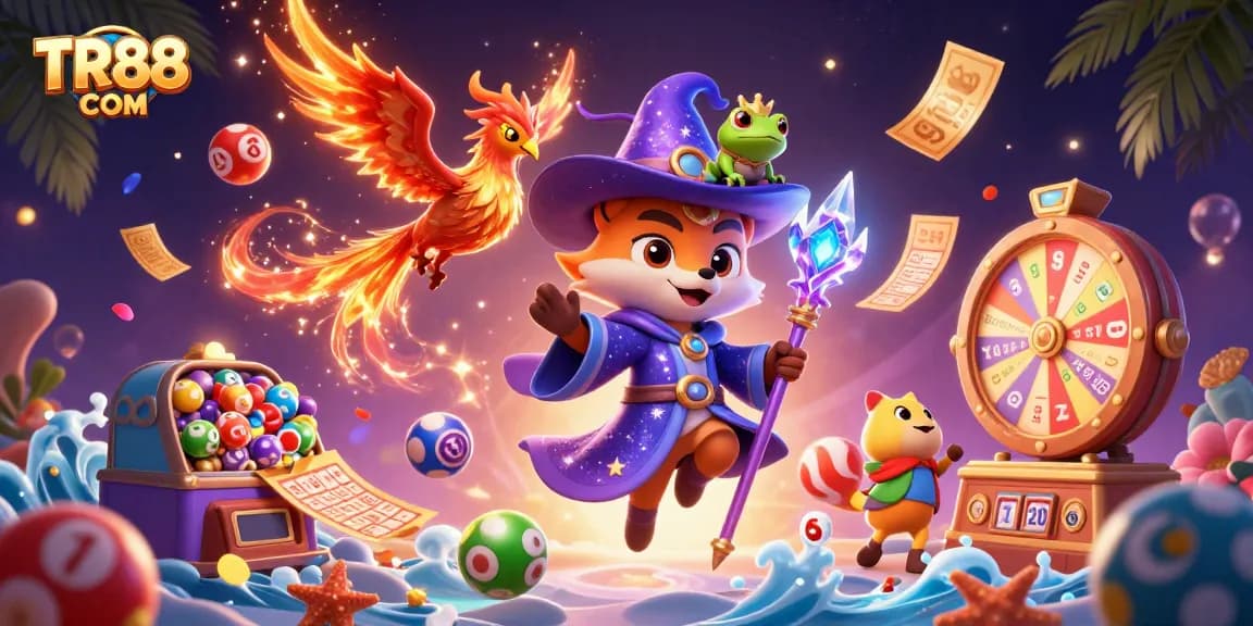 Experience TR88 COM's thrilling lottery action in a vibrant 3D casino scene.