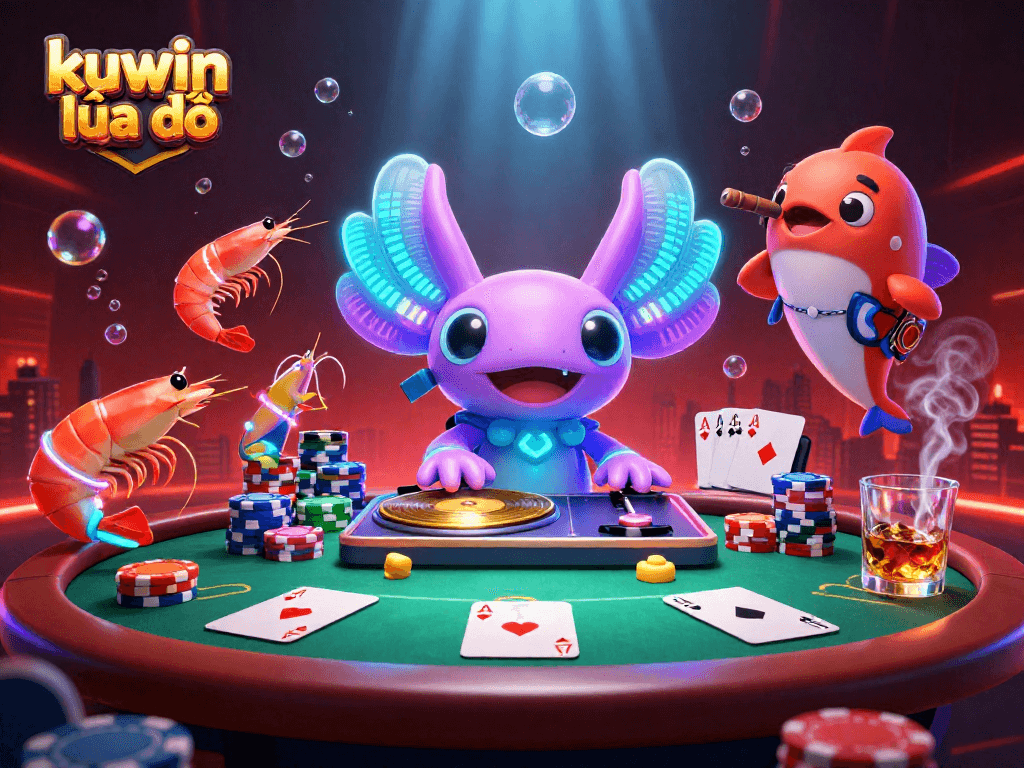 Kuwin lừa đảo: Discover vibrant underwater casino scene featuring axolotl DJ, shrimp dancers, and poker action