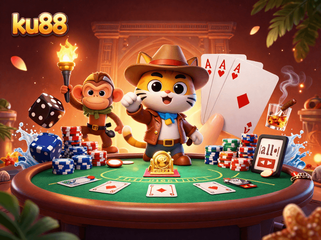 Engage with ku88's thrilling casino adventure featuring a cat archaeologist and treasure elements.