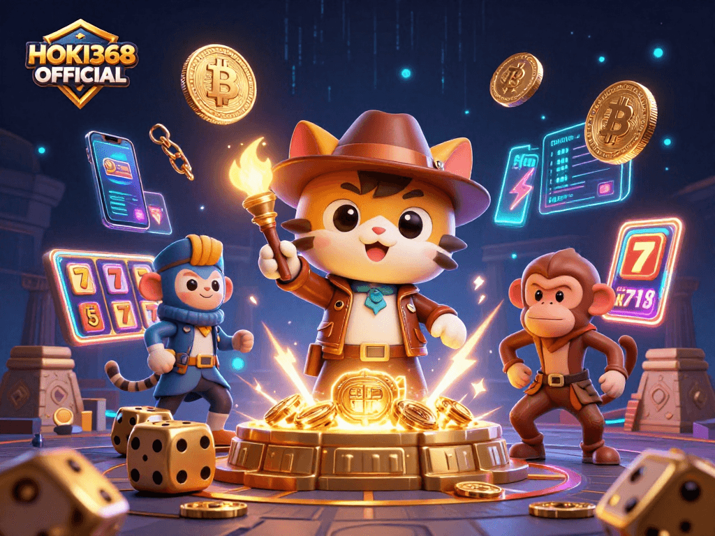 Engage with HOKI368 OFFICIAL, featuring a vibrant scene of an explorer cat unveiling a casino artifact.