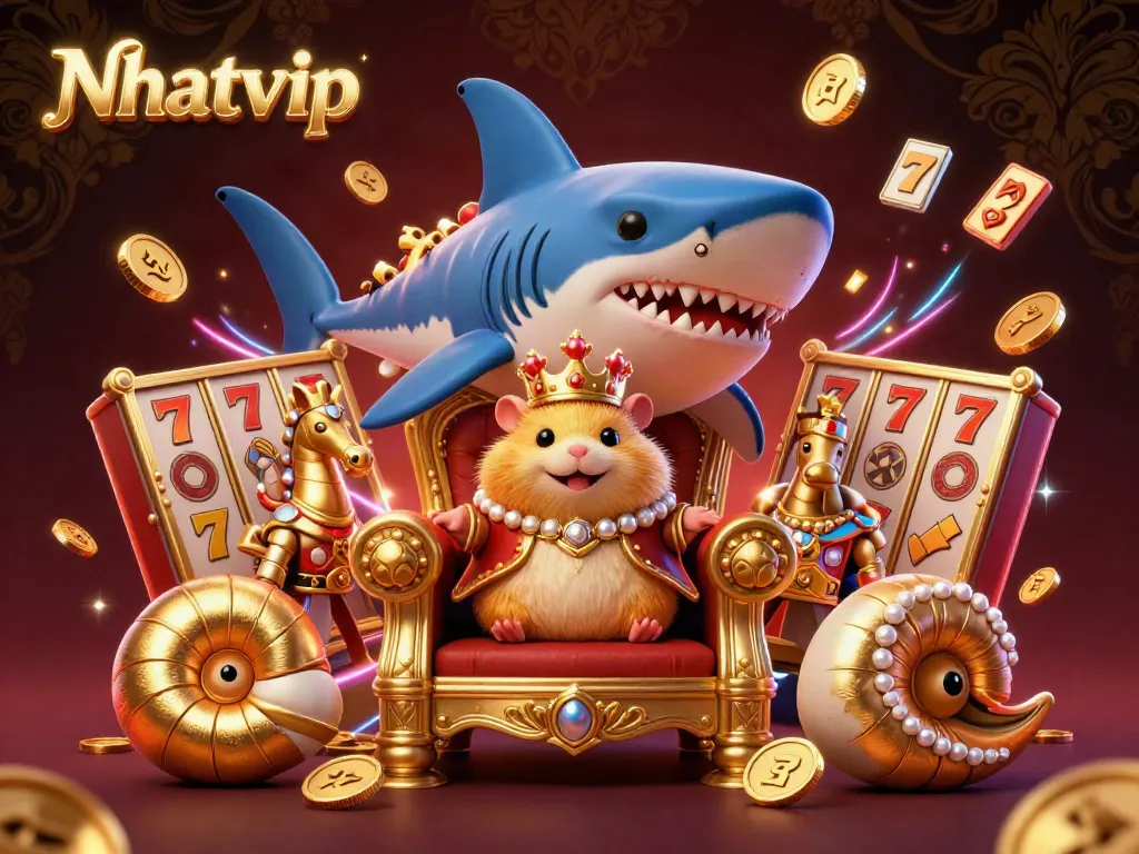 Nhatvip showcases a golden hamster king on a shark tooth throne, surrounded by slot machine elements and gold coins.