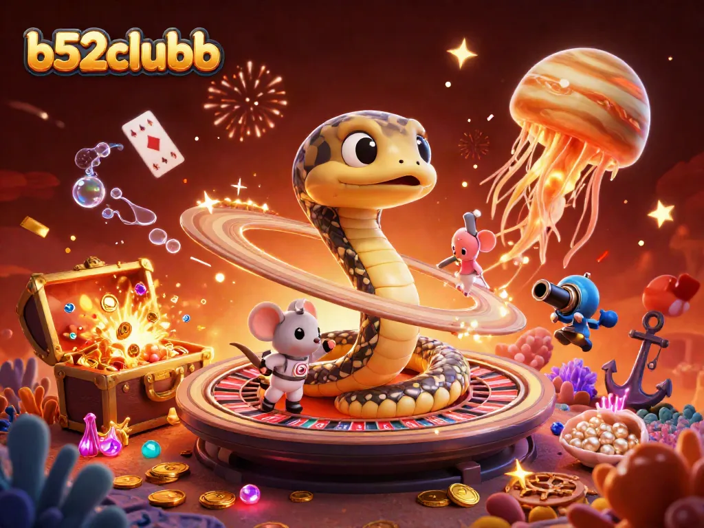 b52clubb brings excitement with astronaut mice betting on a cosmic roulette wheel in this vibrant 3D illustration.