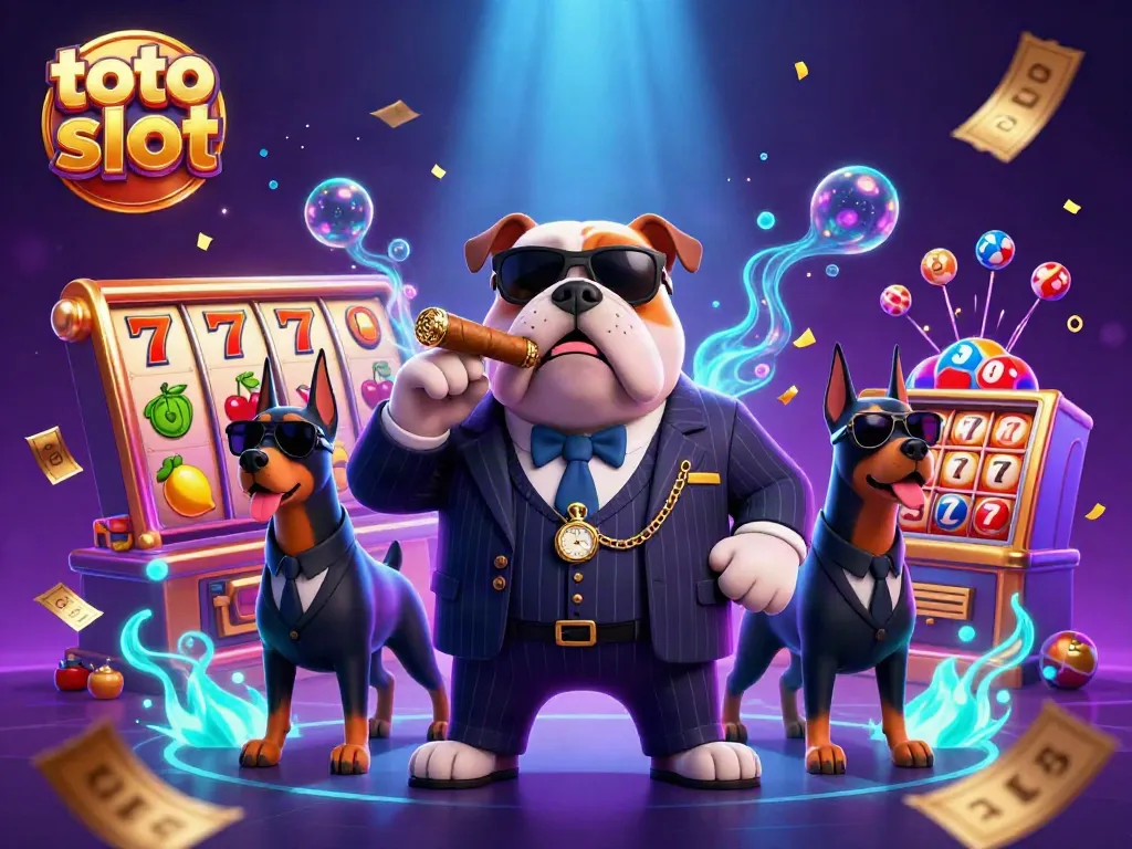 Engage in thrilling toto slot action with a mafia bulldog and his Doberman bodyguards amidst vibrant casino elements.