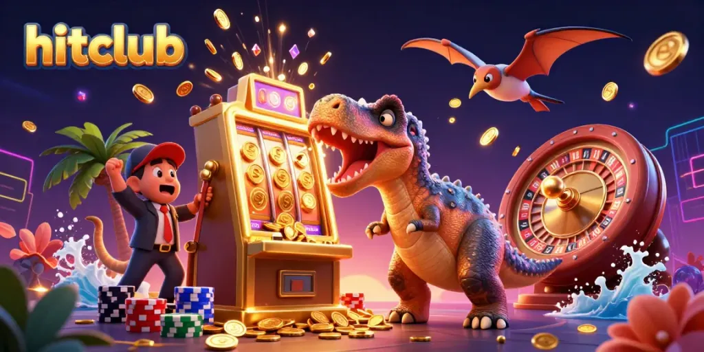 Hitclub features a pachycephalosaurus winning coins, a casino manager, and a pteranodon collecting gems in a vibrant casino scene.