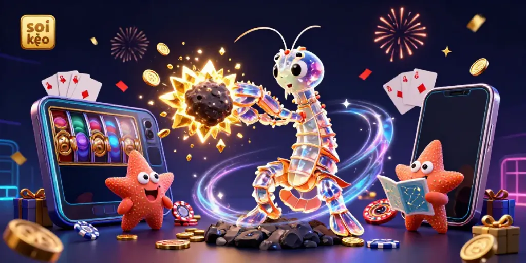 Experience thrilling soi kèo action with exotic characters exploding asteroids into gold and gems.