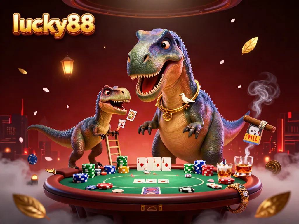lucky88 casino scene with a giant brontosaurus and clever raptor dealing cards at a poker table