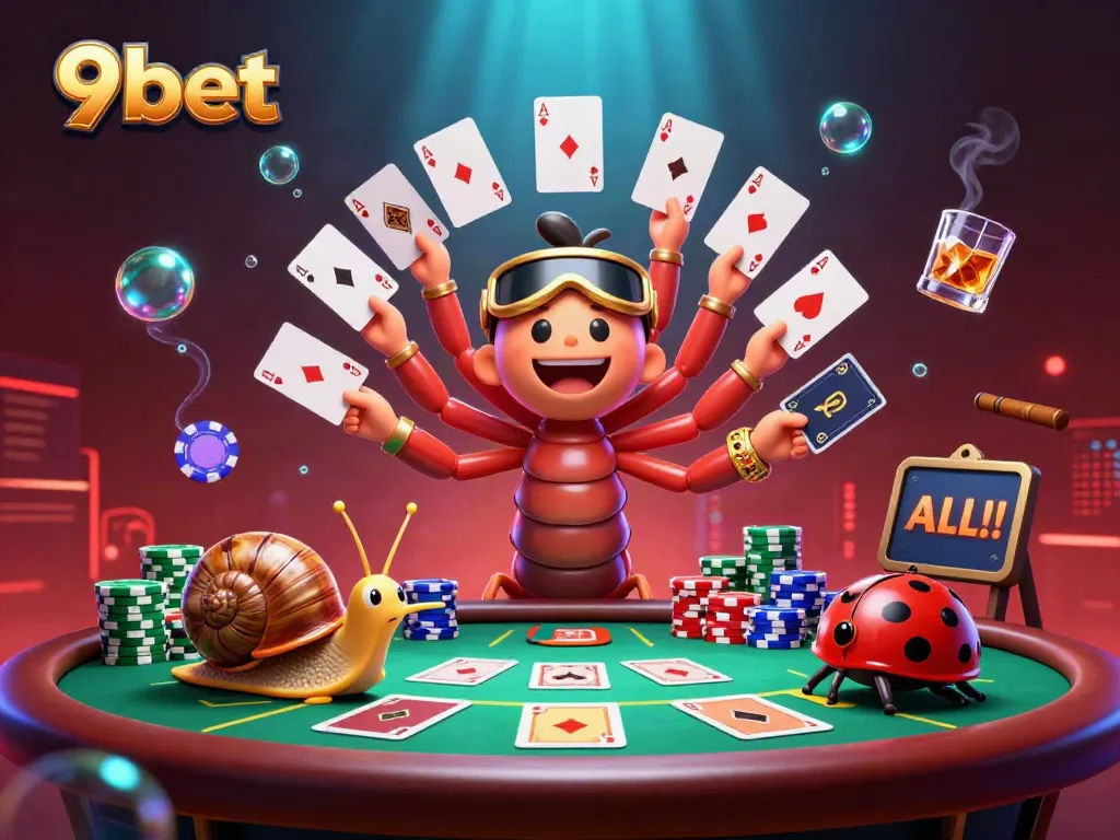 Experience thrilling gameplay with 9bet as a cartoon millipede dealer and high-roller characters at the table.