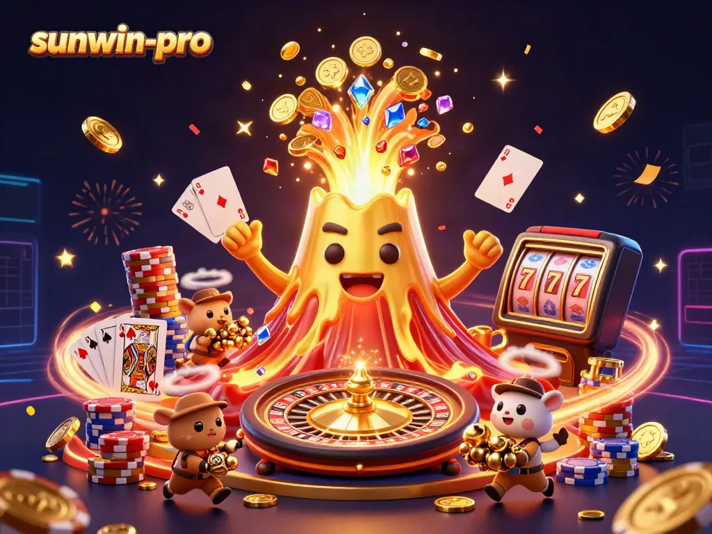 Experience thrilling wins with sunwin-pro featuring an erupting volcano of treasures and animated casino elements.
