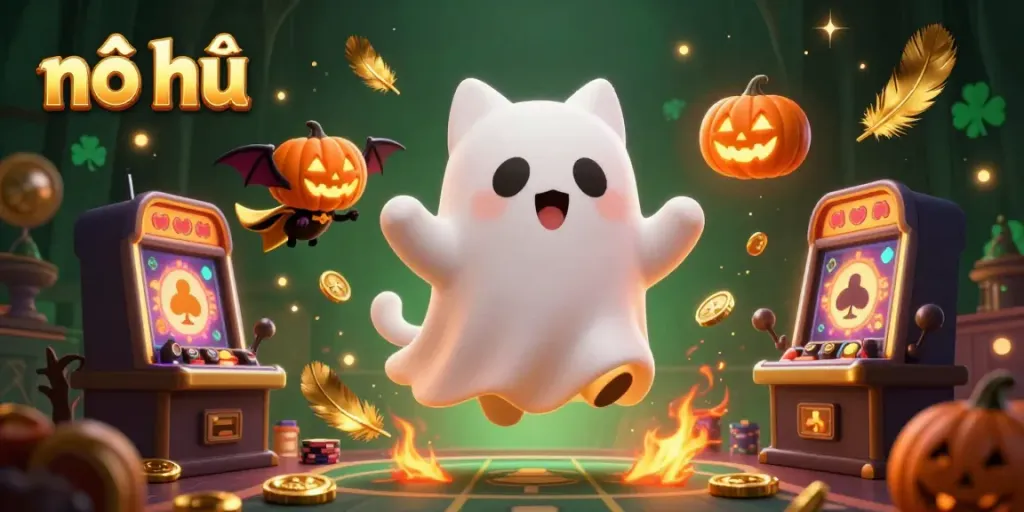 Engage with thrilling nổ hũ action featuring a friendly ghost cat and vampire bat in a haunted casino environment, embodying vibrant gaming spirit.