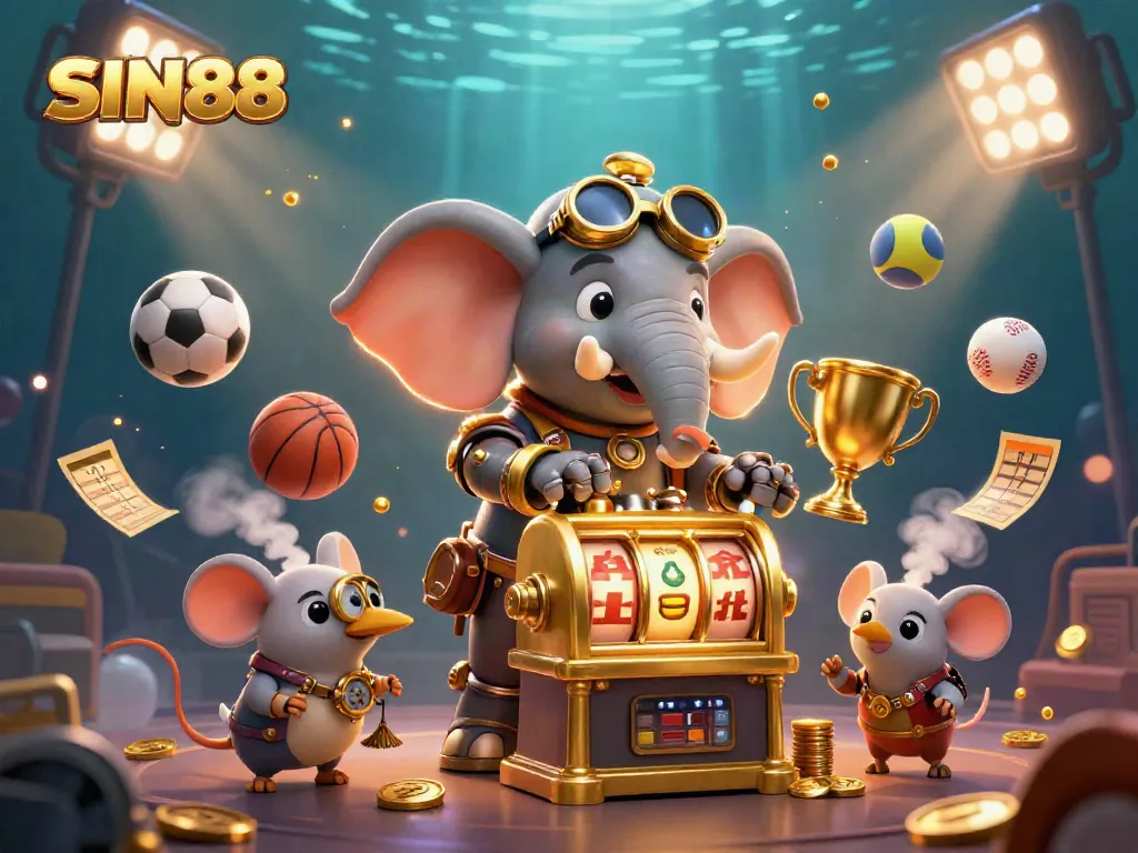 SIN88 showcases a dynamic steampunk elephant operating a golden slot machine with sports elements.