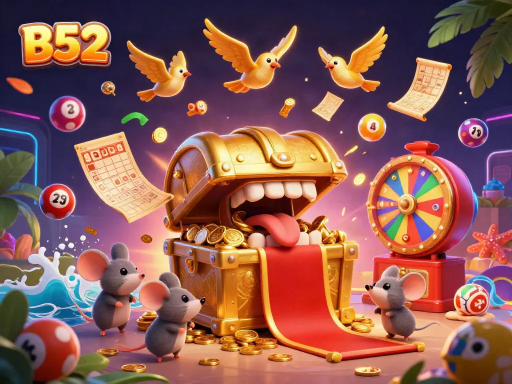 Experience the thrill of B52 gaming with vibrant elements and adventurer mice seeking treasures.