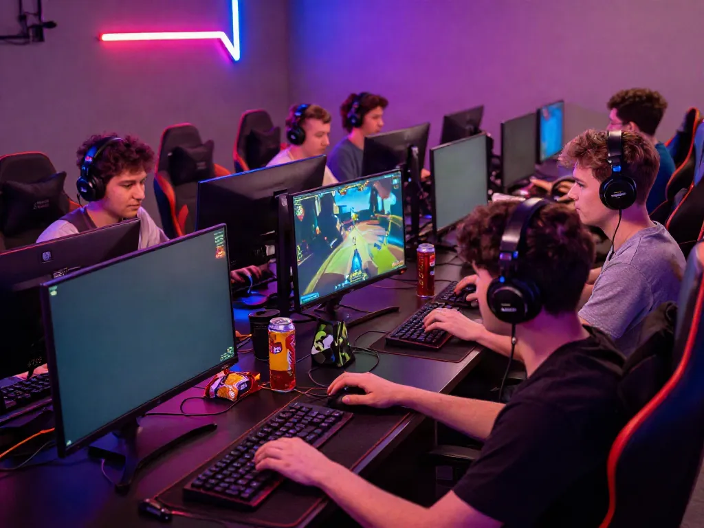 Engaging gaming lounge scene at cổng game hitclub with diverse players immersed in vibrant game graphics.