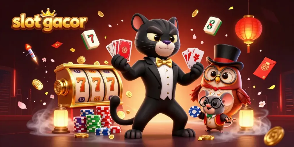 Experience the thrill of slot gacor with a stylish cartoon panther dealing cards amidst vibrant casino elements.