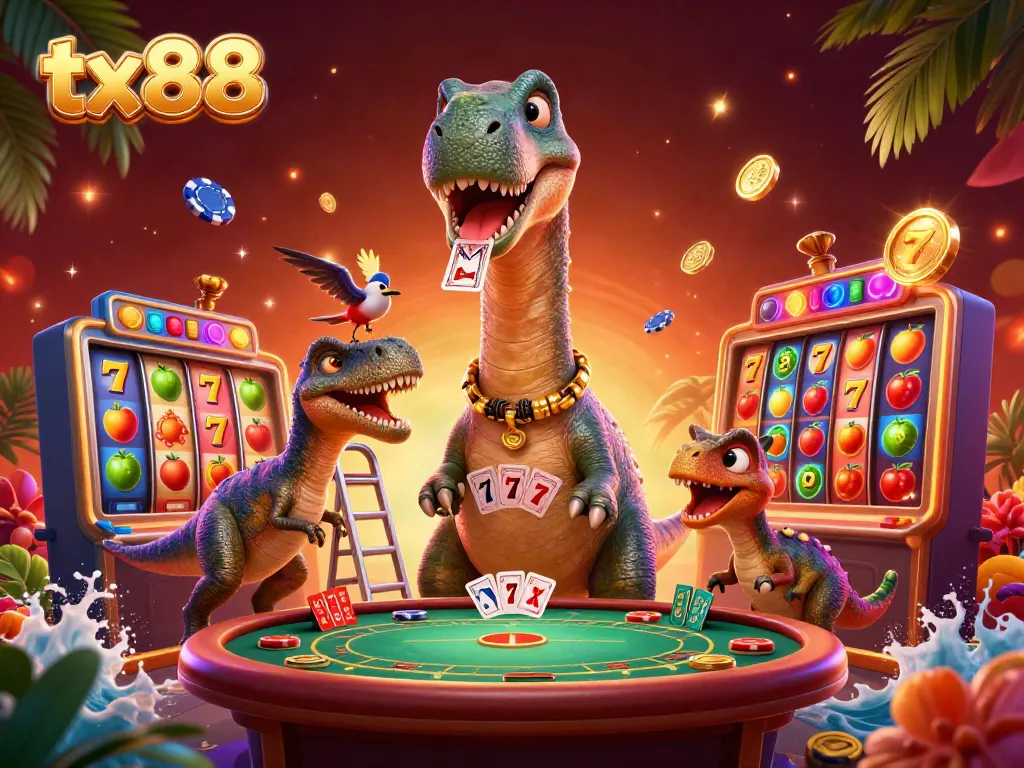 Experience thrilling gameplay at tx88 with a whimsical 3D illustration of casino-themed characters and elements.
