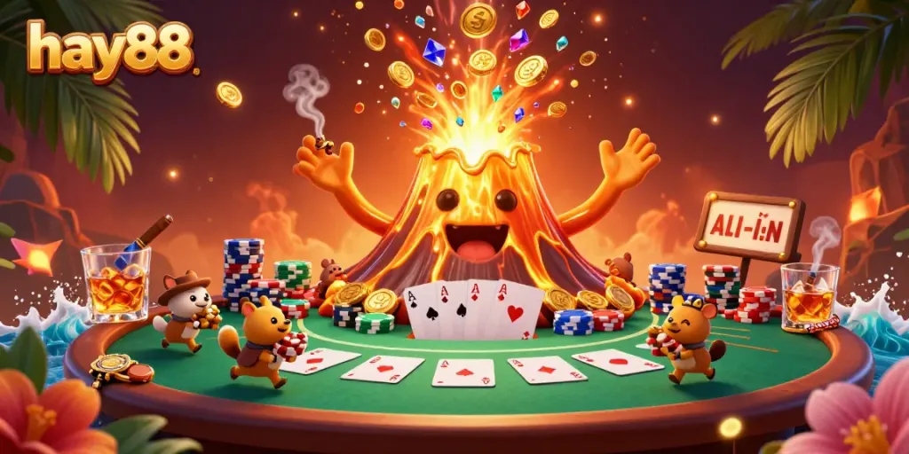 Experience the excitement at hay88 with a golden volcano erupting treasures amid thrilling poker action.