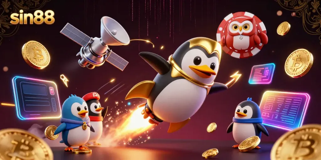 Experience sin88’s exciting gaming atmosphere with a rocket penguin and glowing crypto coins