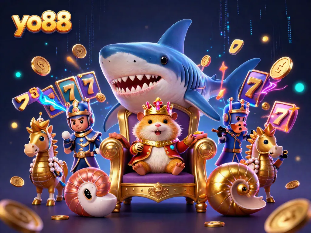 Experience yo88's thrilling games with a golden hamster king and slot elements in dynamic illustration.