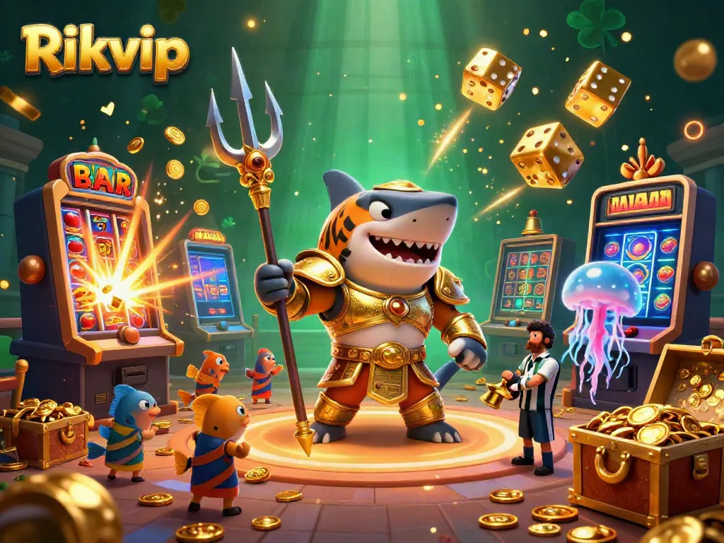 Experience the excitement of Rikvip with a fierce golden gladiator shark amidst a vibrant casino scene.