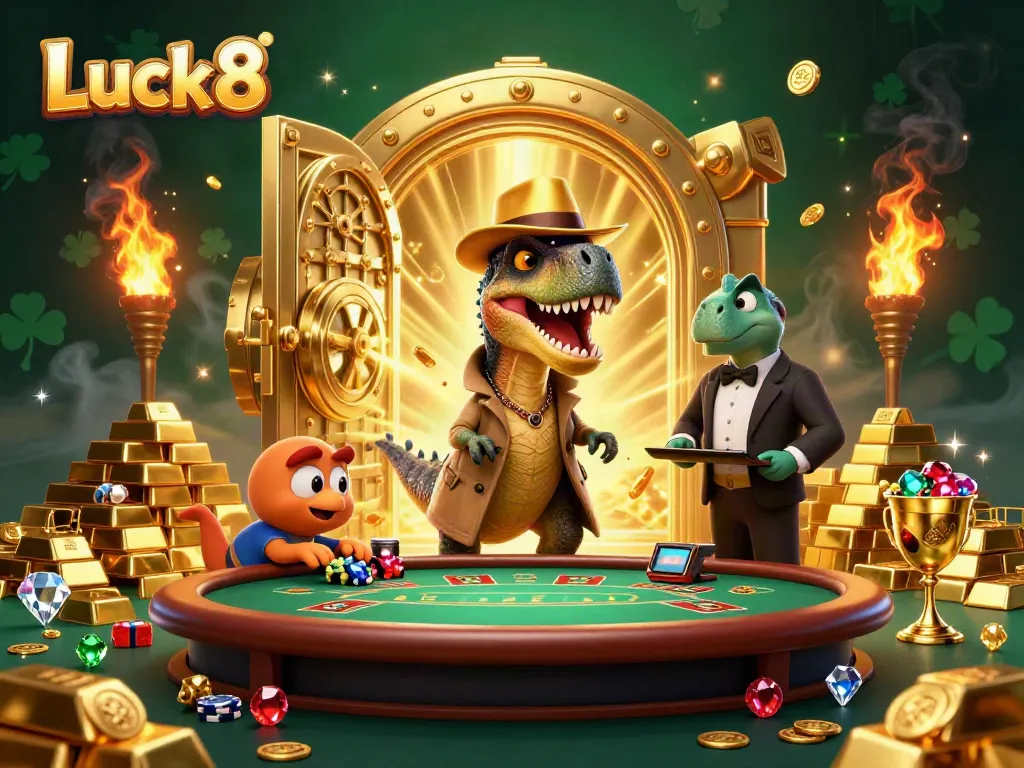 Experience thrilling casino action with the Luck8 velociraptor card counter amid dazzling gold treasures.