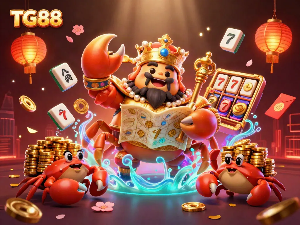 Engage in thrilling gaming at TG88 featuring a regal crab emperor and vibrant casino elements.
