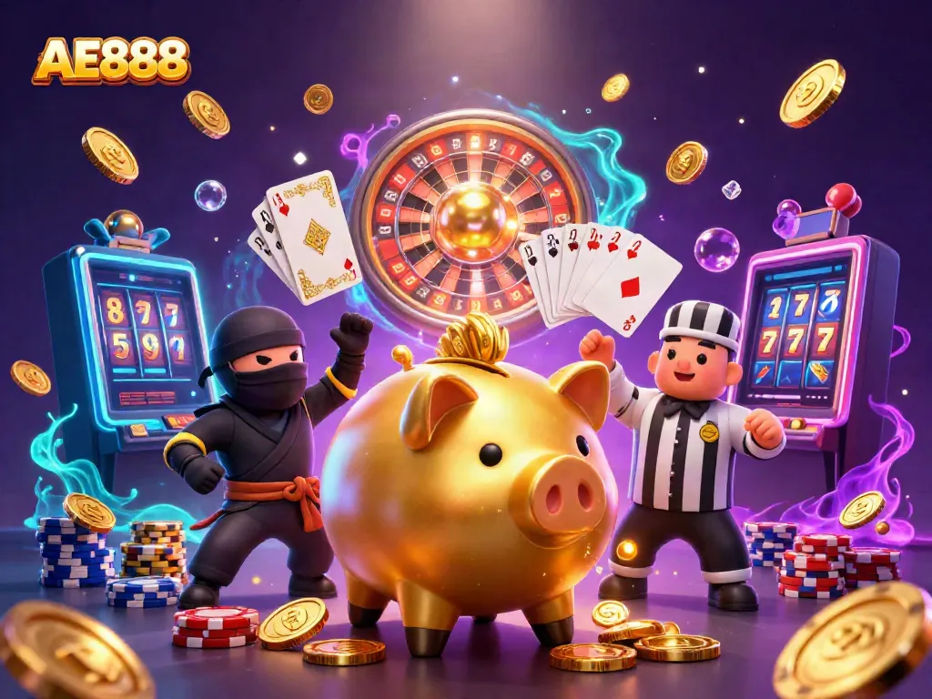 Engage with AE888 as the golden piggy bank sumo wrestler unleashes coins in a lively casino scene.