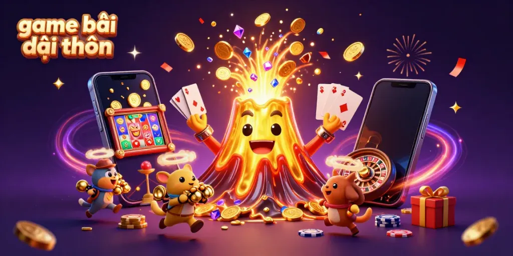 Play thrilling game bài đổi thưởng with golden volcano erupting coins and casino elements.