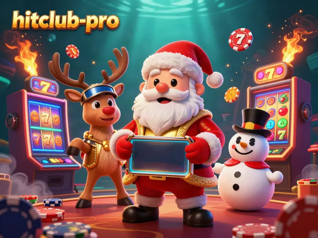 Spin the reels with hitclub-pro's festive characters, including Santa, a dealer reindeer, and a poker chip snowman.