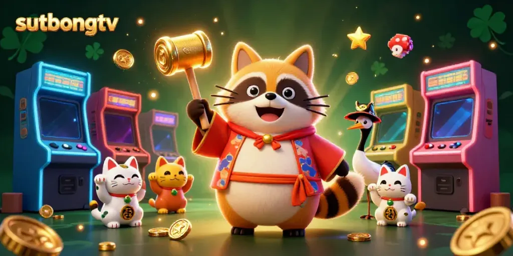 Engage with sutbongtv through a vibrant 3D scene showcasing cheerful characters and gaming elements.