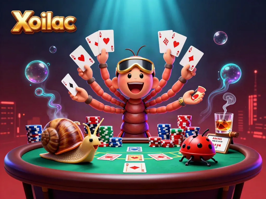 Xoilac features a vibrant online casino scene with a millipede dealer and a snail high-roller at a lively poker table.