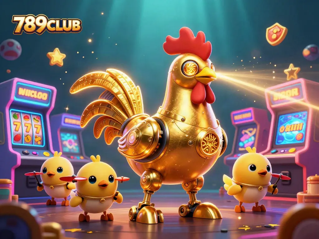 Engage in thrilling gaming action with 789CLUB's vibrant casino scene featuring a golden rooster robot.