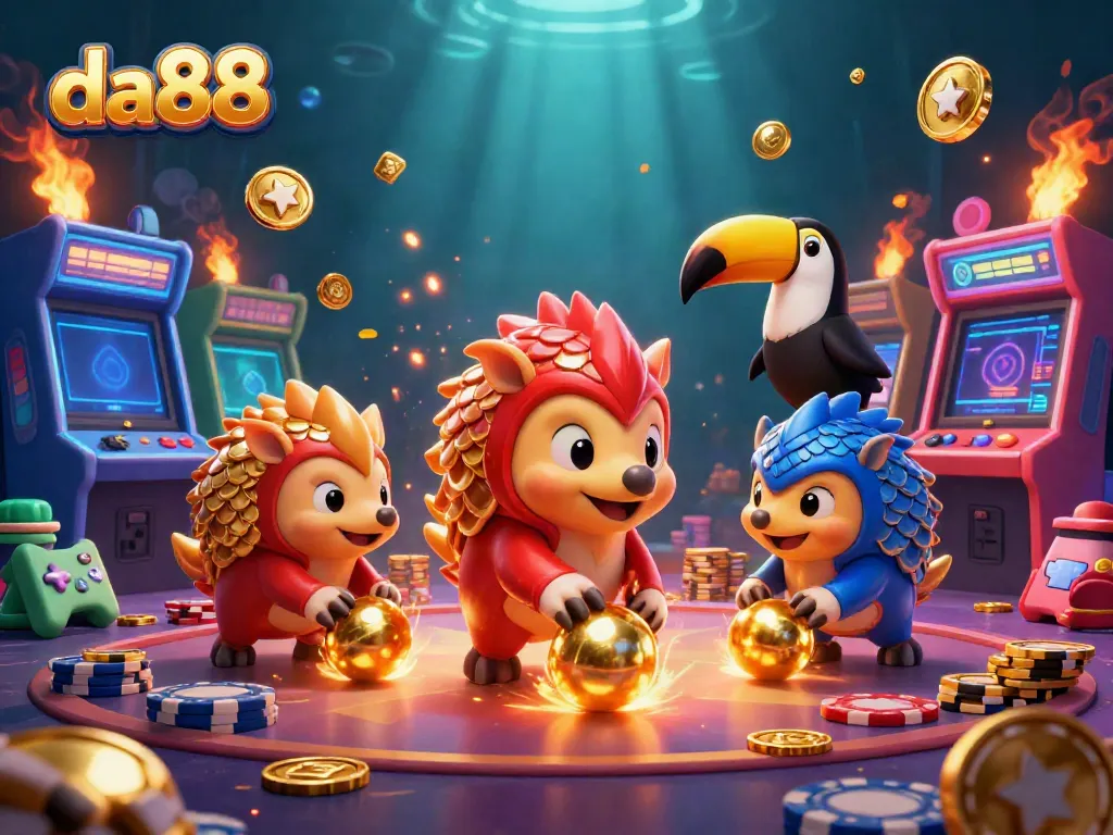 Experience thrilling action at da88 with rival pangolins bowling through poker chips in a vibrant casino scene.