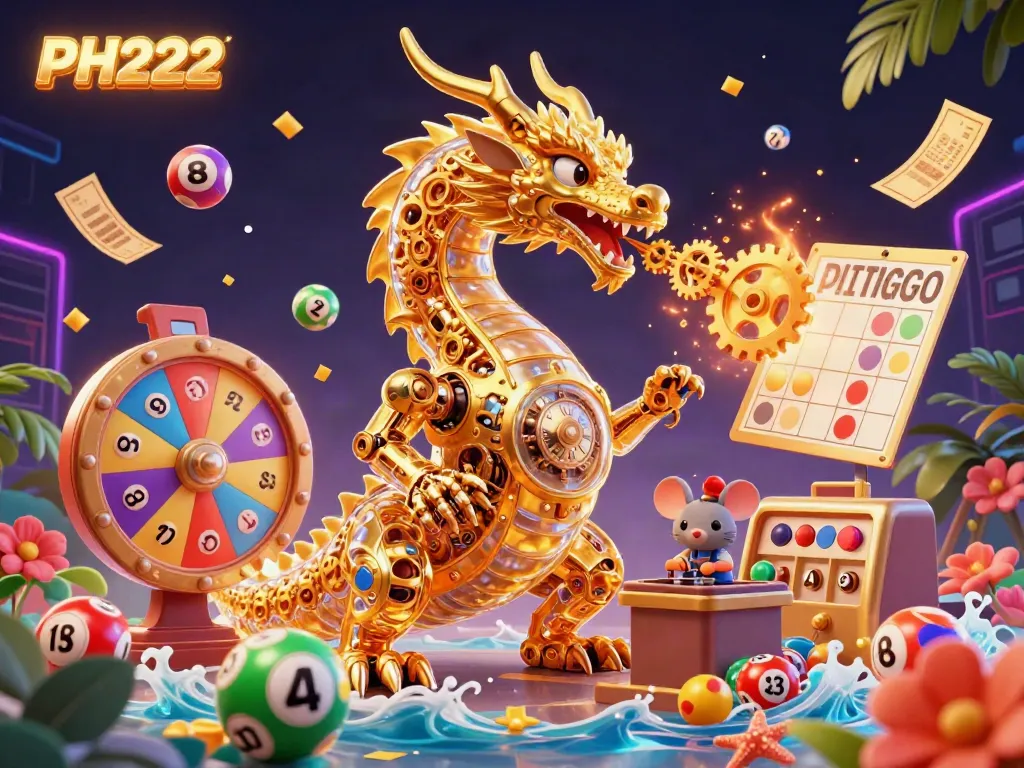 Experience the excitement of PH222 with a golden dragon and lottery elements in this captivating casino scene.