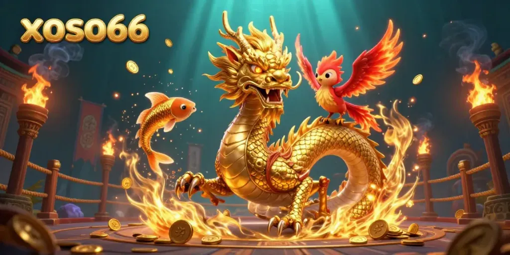 Engage in thrilling gameplay with xoso66 featuring Chinese dragon, phoenix, and koi fish amidst golden elements.