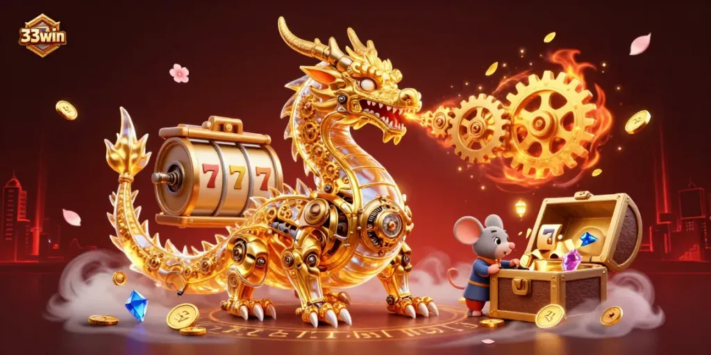 Experience the thrilling excitement of 33win with a golden dragon and colorful slot reels.