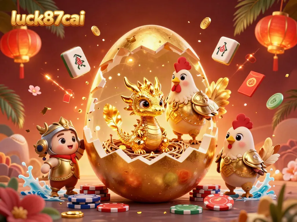 Experience luck87cai's golden dragon jackpot amidst vibrant casino elements in a thrilling 3D illustration.