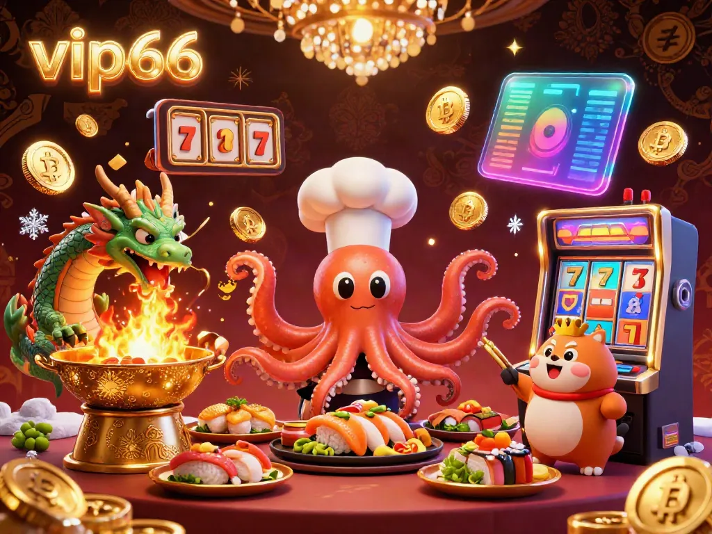 Experience thrilling wins at vip66 with a lively scene featuring a sushi chef octopus and vibrant casino elements.