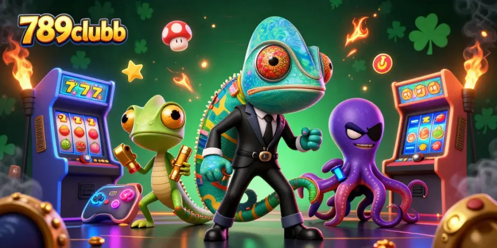 Play slots at 789clubb with dynamic characters in a lively casino scene.