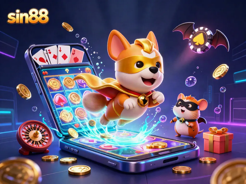 Experience thrilling wins with sin88 as a superhero dog takes flight with gold coins in this vibrant casino scene.