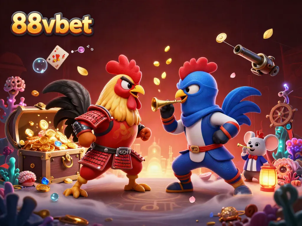 Bet on 88vbet with twin roosters in battle amidst treasure and casino elements in a vibrant scene.