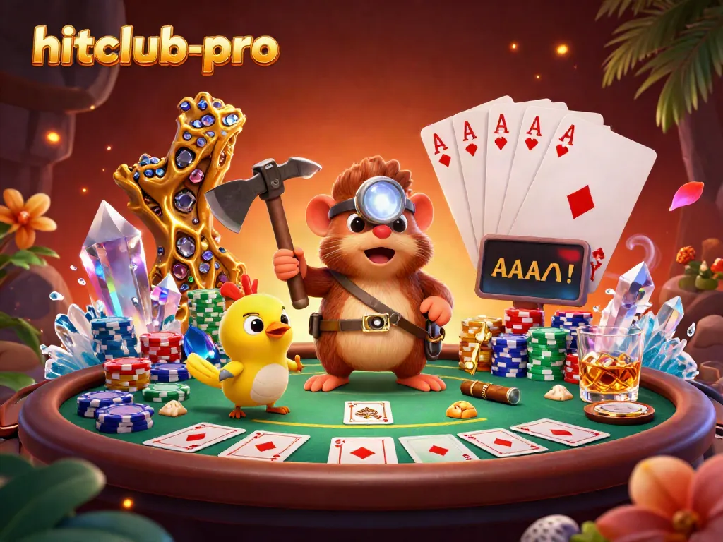 Experience adventure in hitclub-pro with cartoon characters amid poker chips and treasures.