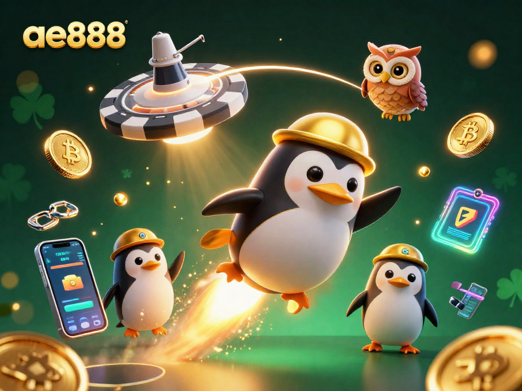 Experience ae888's thrilling casino adventure with a golden rocket penguin in space leaving coins behind.