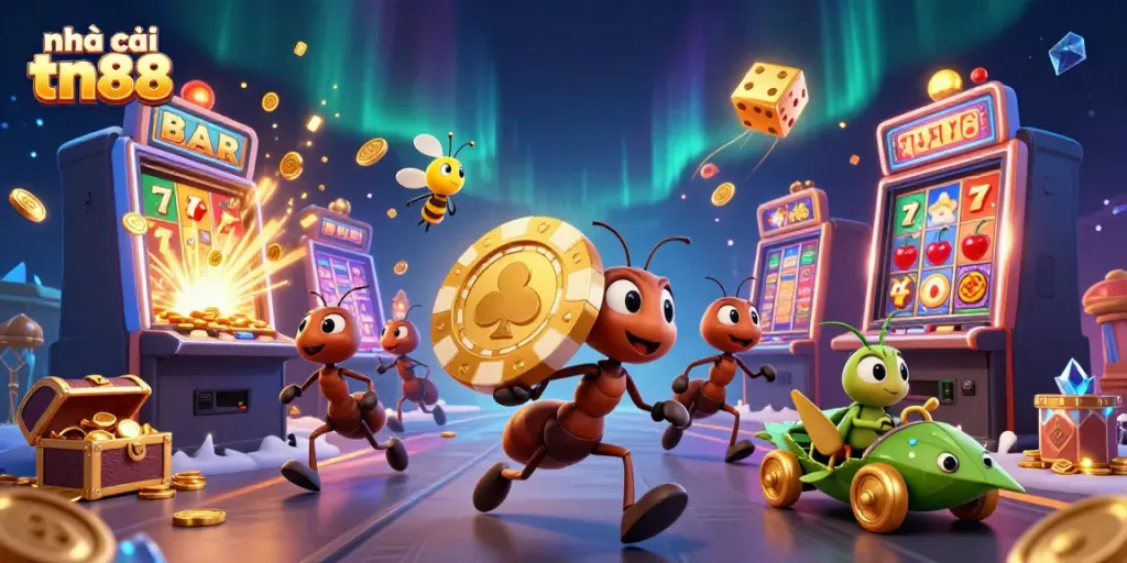 Experience the excitement of nhà cái tn88 with a vibrant heist scene featuring whimsical characters and casino elements bursting with treasures.