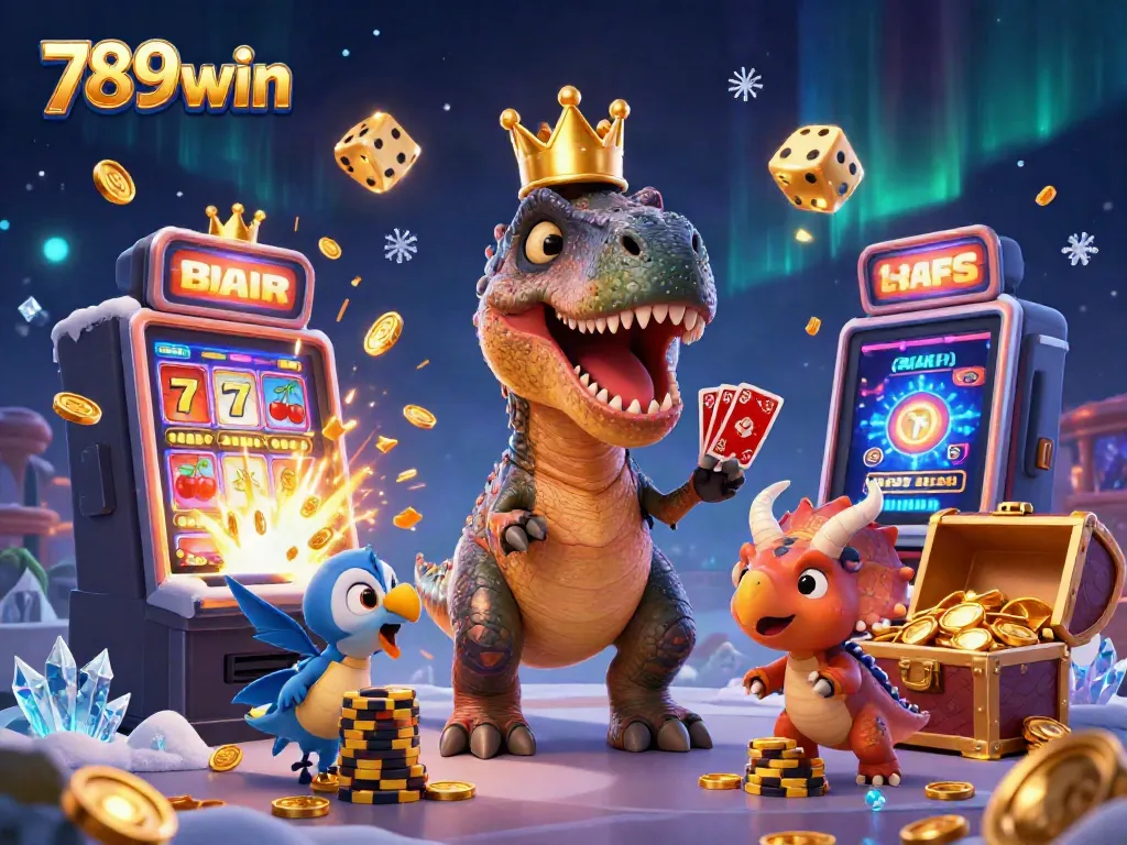 Experience the thrill of 789win with cartoon dinosaurs in a lively casino scene featuring vibrant slot machines and bright chips.