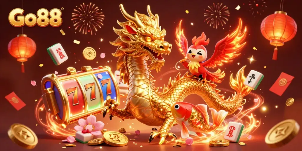 Experience the magic of Go88 with a fierce dragon and phoenix amidst a vibrant casino scene.