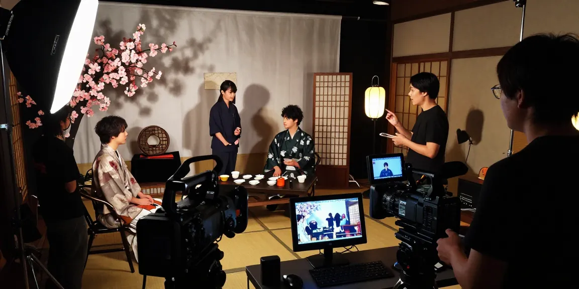 在日本AV拍摄现场，导演与演员沟通，展示专业制作气氛。