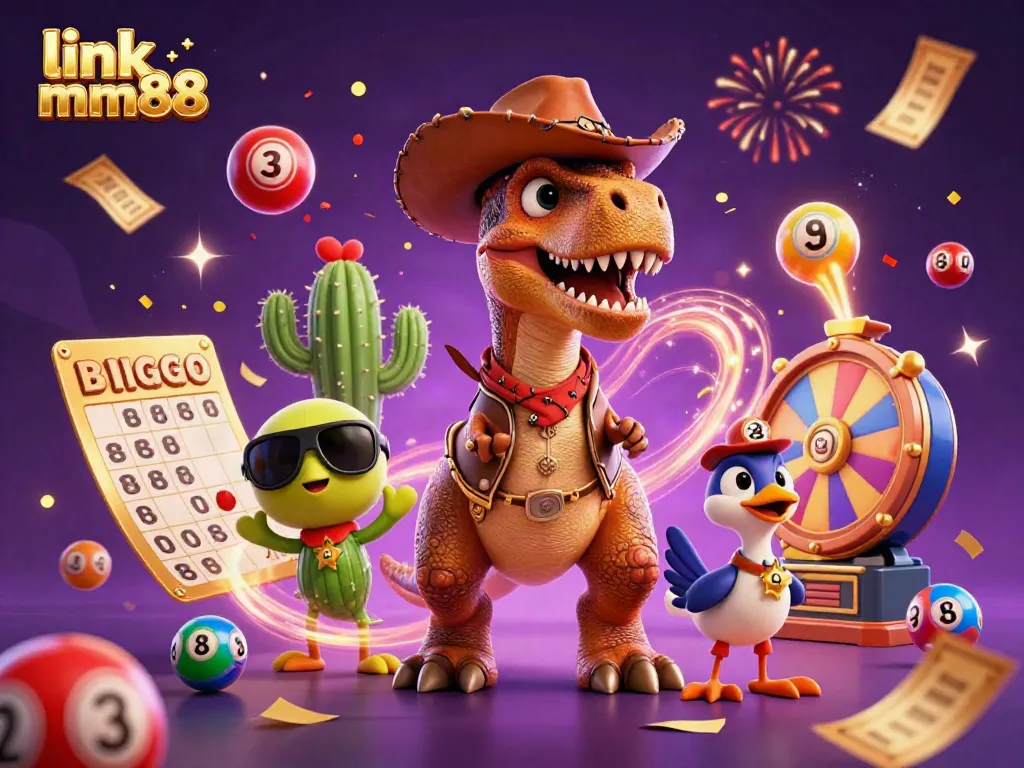 Engage with link mm88 through colorful lottery elements and dynamic characters in a vibrant casino scene.