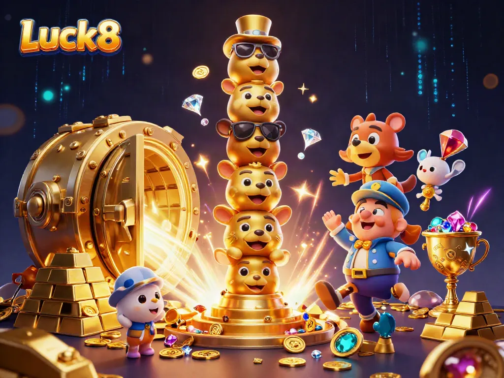 Engage with Luck8's vibrant gaming atmosphere featuring golden totems and treasure elements.